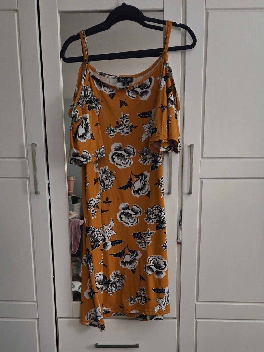 Rouge! Mustard Yellow Cold-Shoulder Floral Midi Dress